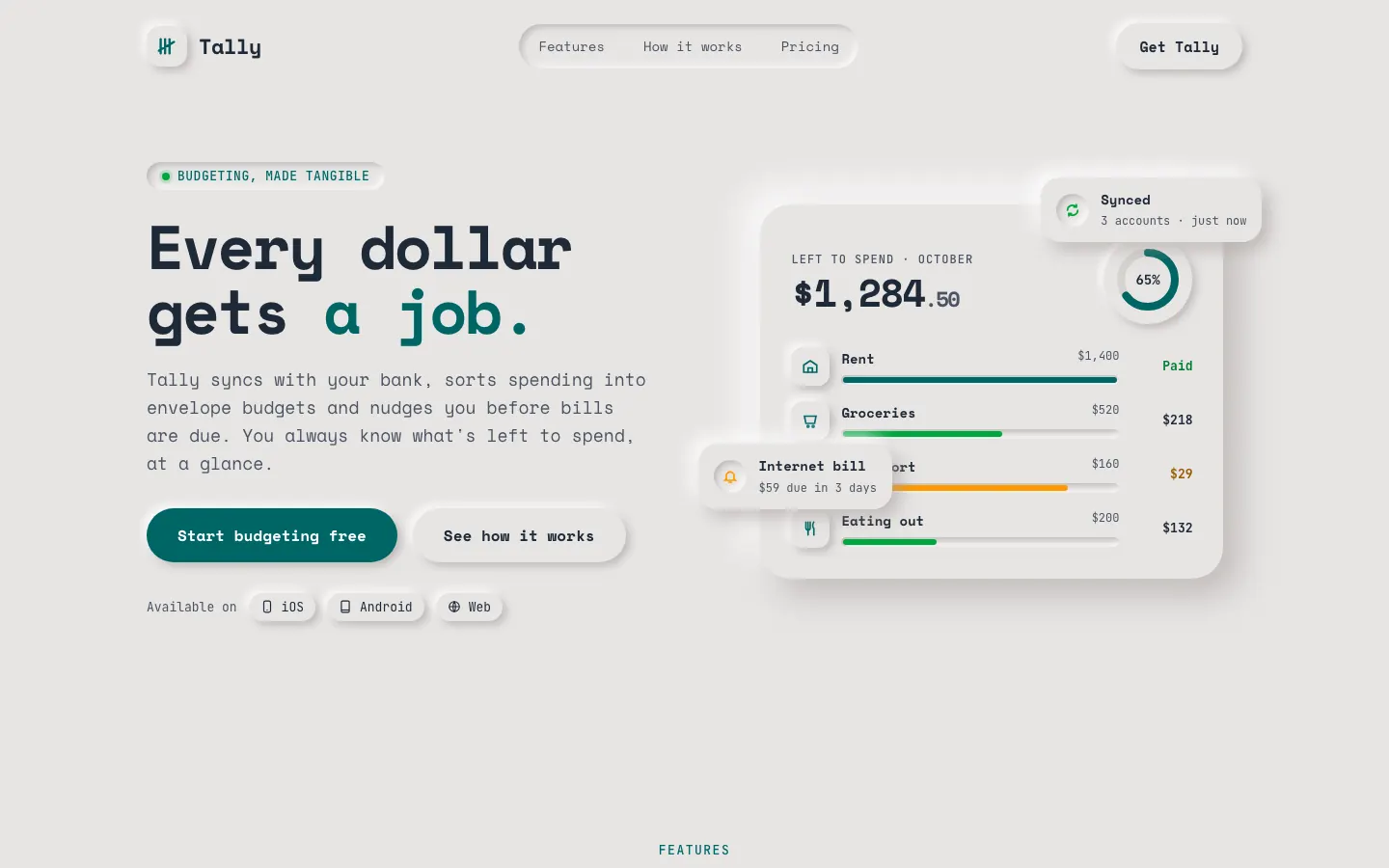 After: Tally landing page, made with Neumorphism (Awesome Design Skills)