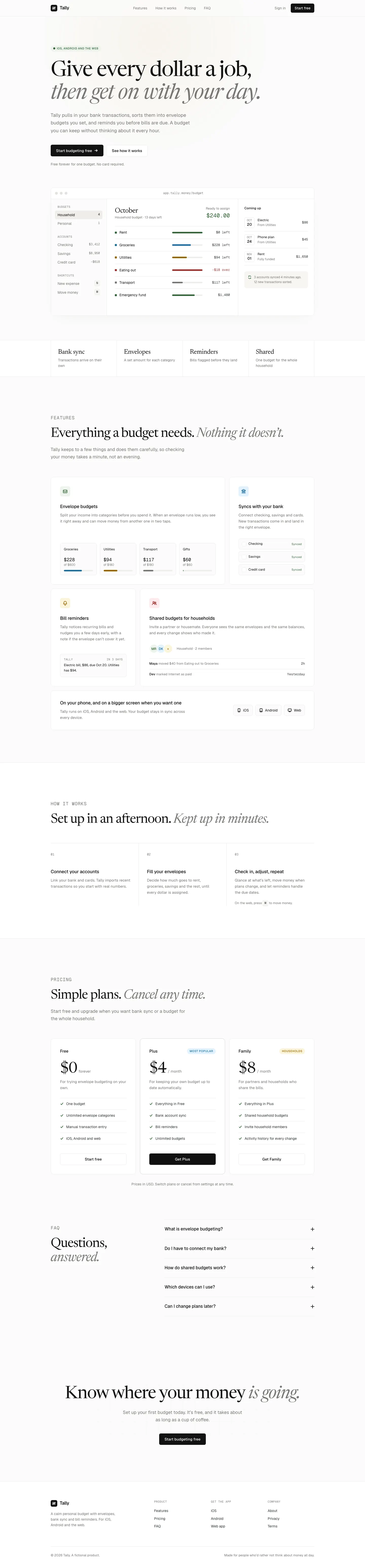 After: Tally landing page, made with Minimalist UI (Taste Skill)
