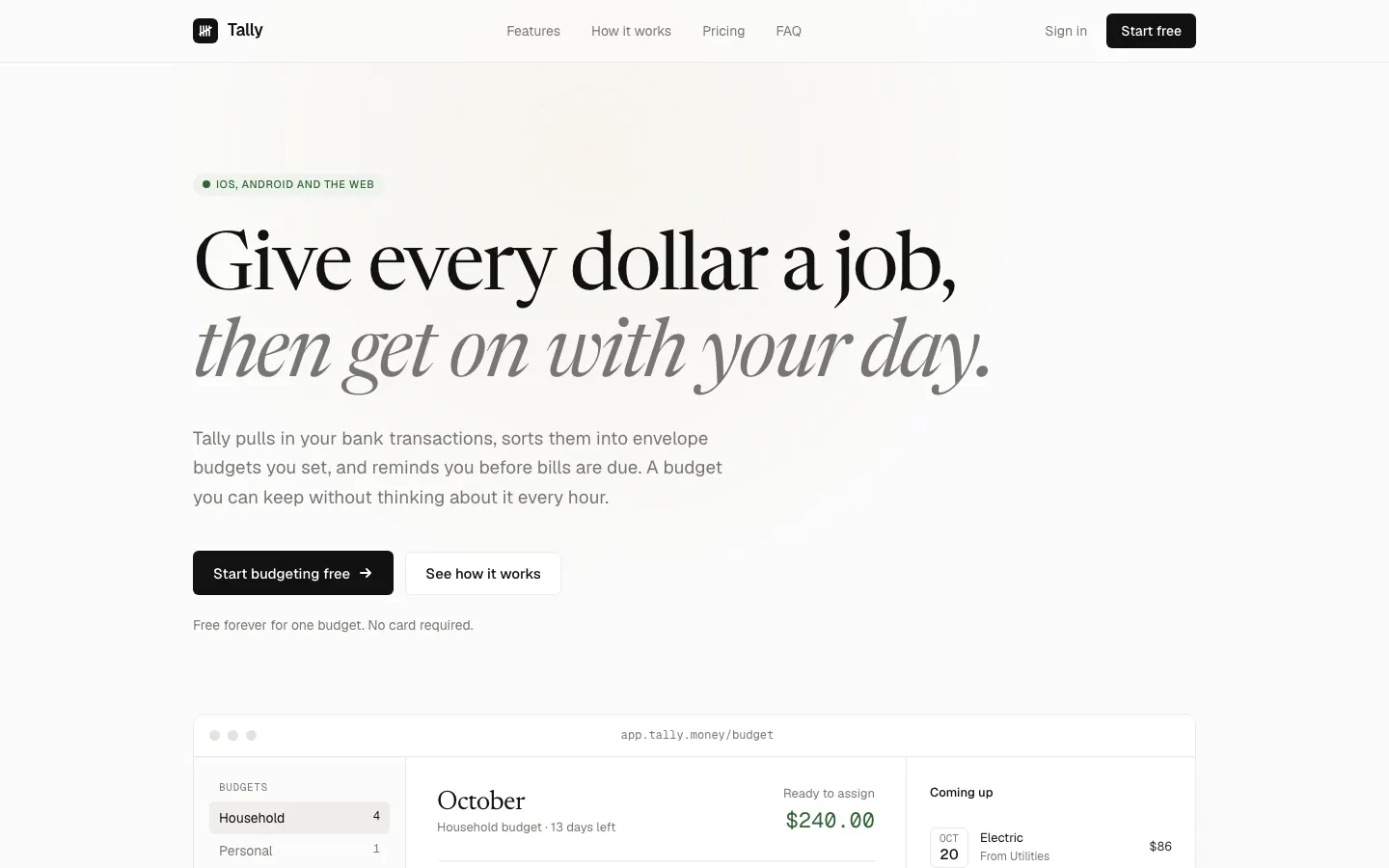 After: Tally landing page, made with Minimalist UI (Taste Skill)