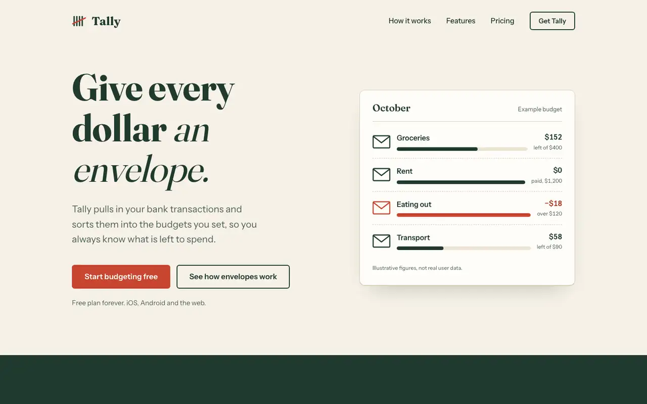 Tally landing page made with Antislop UI