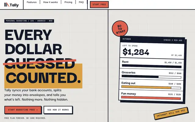 Tally landing page made with Brutalism (Awesome Design Skills)