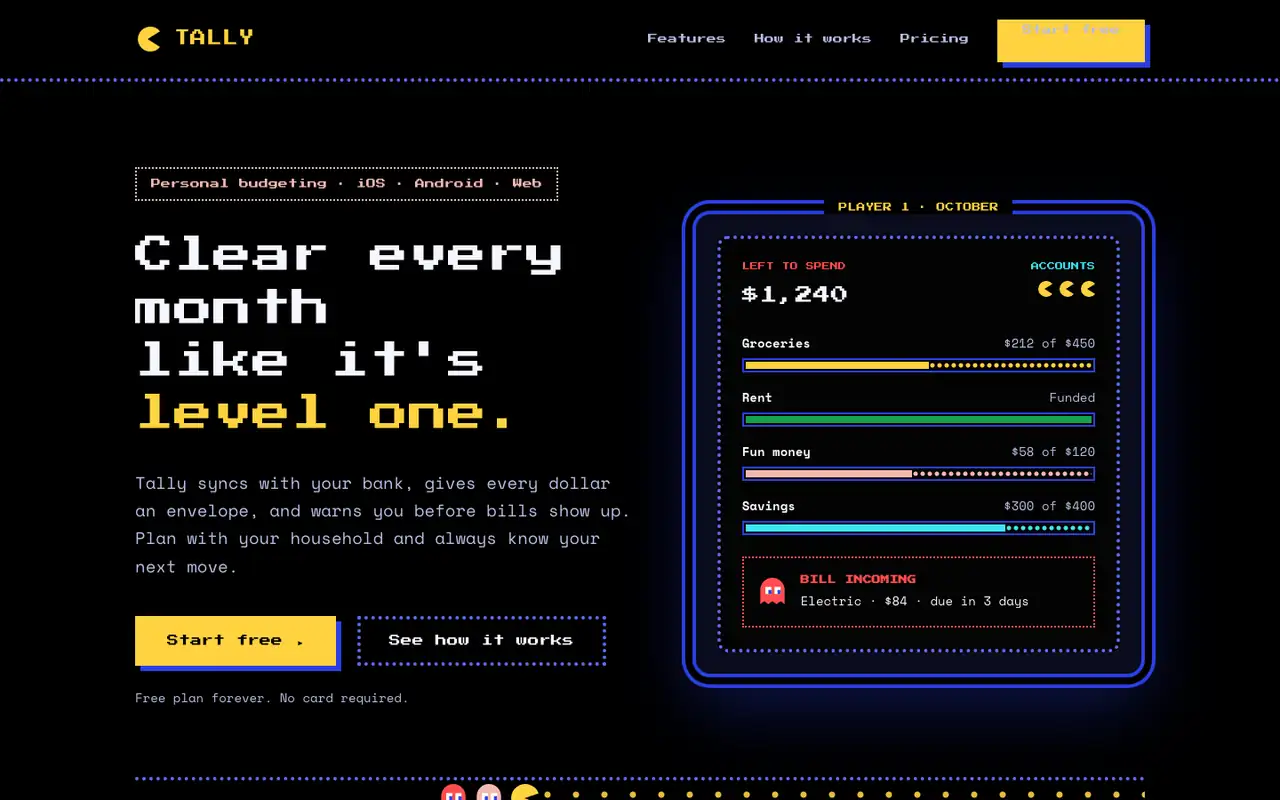 Tally landing page made with Pac-Man (Awesome Design Skills)