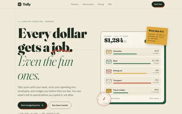 Tally landing page made with UI Design Aesthetics (Claude Cortex)