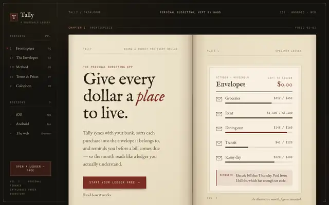 Tally landing page made with Book Serif Index (Meng To)