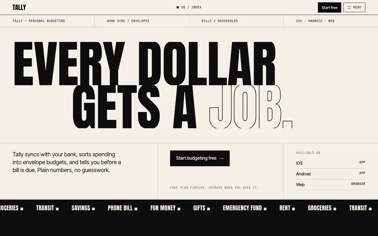 Tally landing page made with Documentary Brutalist Agency (Meng To)