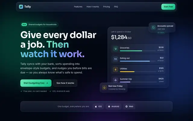 Tally landing page made with Glass Dark UI (Meng To)