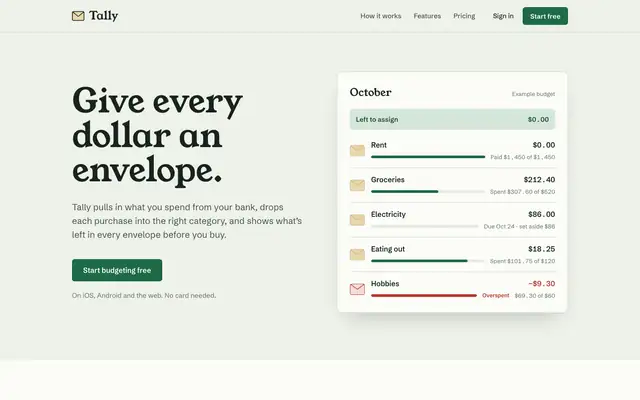 Tally landing page made with No AI Design Slop (Meng To)