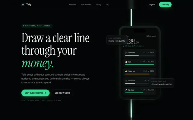 Tally landing page made with WebGL Laser (Meng To)