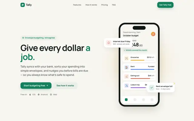 Tally landing page made with mobile-app-ui-design