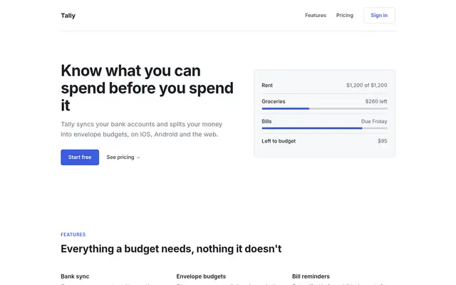 Tally landing page made with Refactoring UI Skills