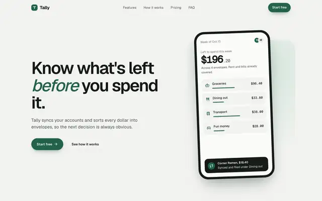 Tally landing page made with design-taste-frontend v2 experimental (Taste Skill)