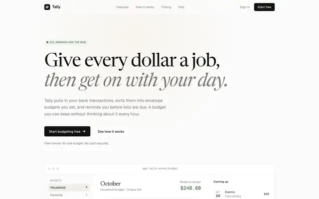 Tally landing page made with Minimalist UI (Taste Skill)